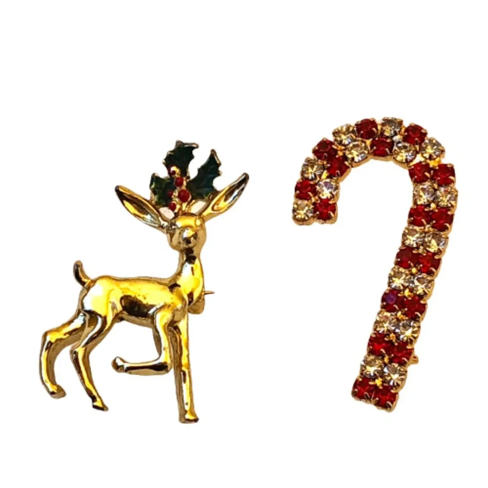 Christmas Vintage Brooch Gerrys Reindeer Enamel + Rhinestone Candy Cane